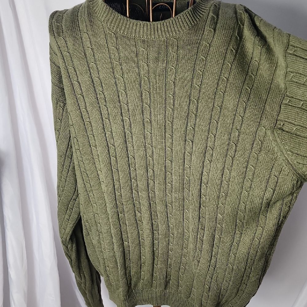 Vintage IZOD 100%Cotton Fisherman Core Cableknit Olive Green Men's Sweater L